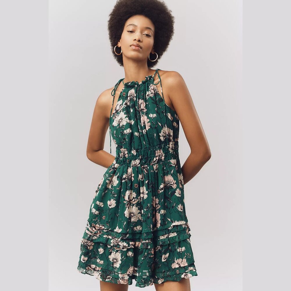 NEW The Somerset - Size L, Halter Floral Mini Dress, Dark Green by Anthropologie